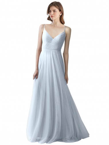 Vendedor de Alças finas Tule Sem Mangas Azul Céu Claro Vestidos de Festa / Vestidos de Madrinha