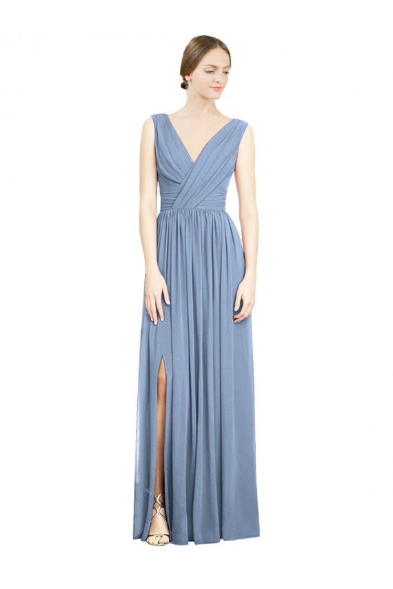Vendedor de Decote V Chiffon Sem Mangas Azul Empoeirado Vestidos de Madrinha