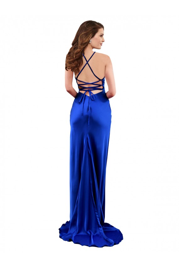 Vendedor de Decote Capuz Cetim Sedoso Sem Mangas Abrir de volta Azul Real Vestidos de Madrinha / Vestidos de Noite / Vestidos de Festa