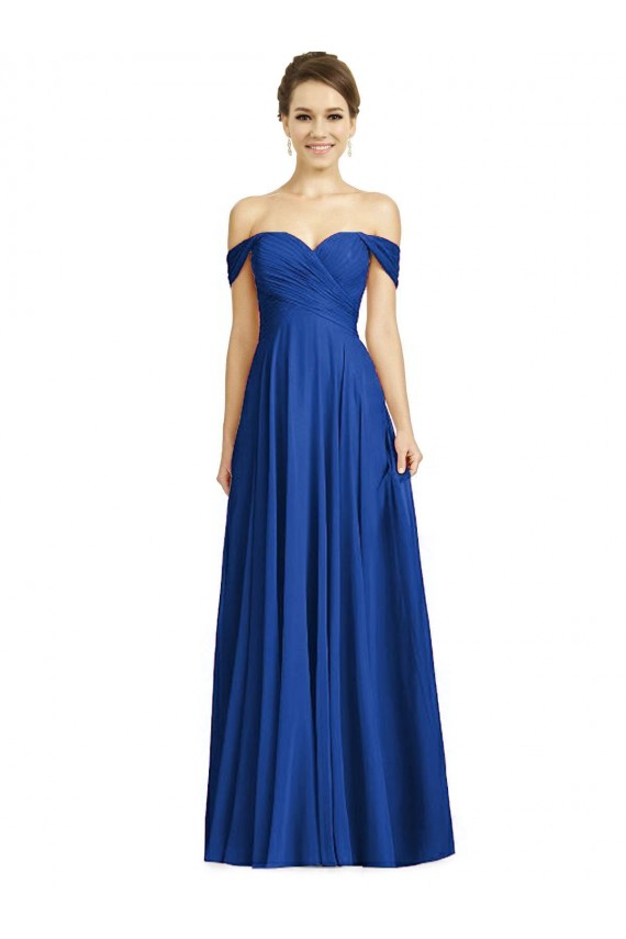 Vendedor de Fora do Ombro Chiffon Mangas Curtas Azul Real Vestidos de Madrinha