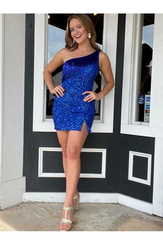 Vendedor de Um Ombro Lantejoulas Veludo Sem Mangas Azul Real Curto Vestidos de Festa