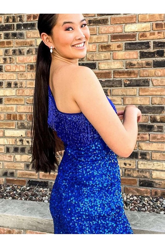 Vendedor de Um Ombro Lantejoulas Veludo Sem Mangas Azul Real Curto Vestidos de Festa