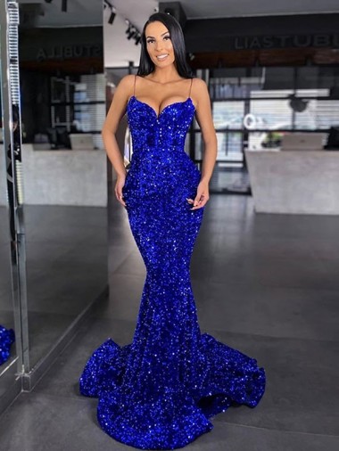 Vendedor de Alças finas Lantejoulas Veludo Sem Mangas Azul Real Sereia Vestidos de Festa