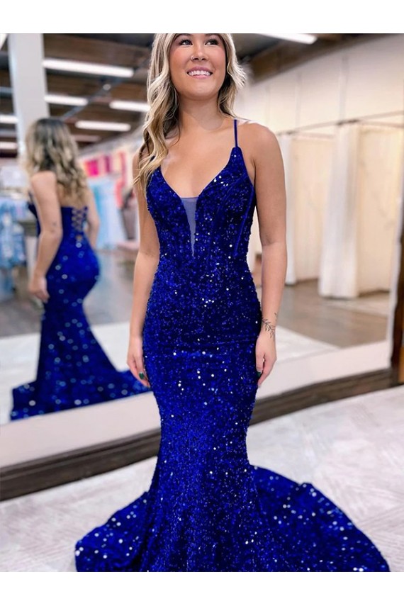 Vendedor de Decote V Lantejoulas Veludo Sem Mangas Azul Real Longo Vestidos de Festa