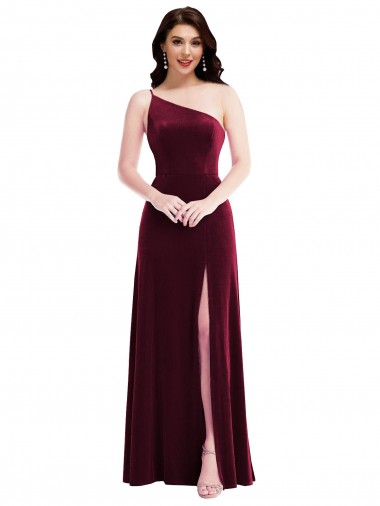 Vendedor de Um Ombro Veludo Elástico Sem Mangas Borgonha Vestidos de Madrinha / Vestidos de Festa
