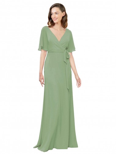 Vendedor de Decote V Chiffon Mangas Esvoaçantes, Mangas Curtas Ervas Marinhas Vestidos de Madrinha