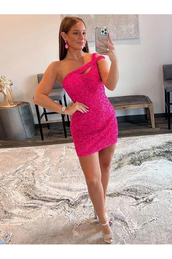 Vendedor de Um Ombro Lantejoulas Veludo Sem Mangas Fúcsia Vestidos de Festa