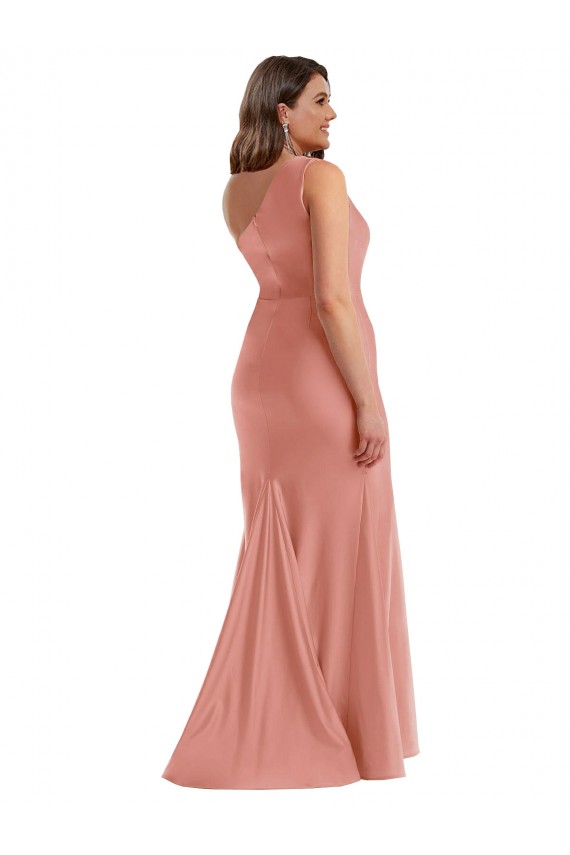 Vendedor de Um Ombro Cetim Sedoso Sem Mangas Geórgia Pêssego Longo Vestidos de Madrinha / Vestidos de Noite / Vestidos de Festa