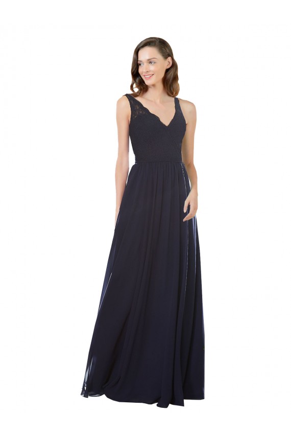Vendedor de Decote V Chiffon & Renda Sem Mangas Buraco da fechadura Marinha Negra Vestidos de Madrinha
