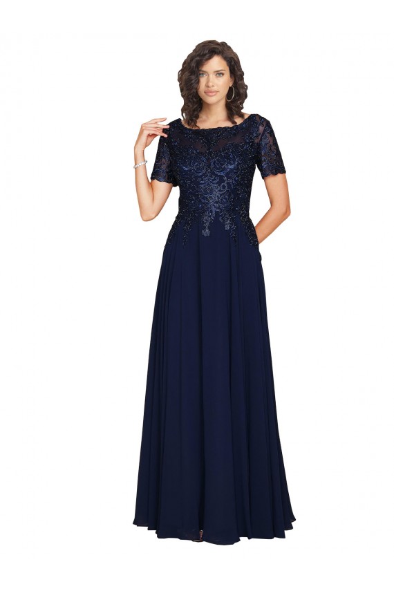Vendedor de Decote redondo Chiffon Mangas Curtas Marinha Negra Vestidos de Madrinha / Vestidos de Festa