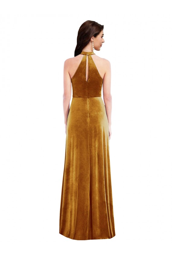 Vendedor de Cabeçada Veludo Elástico Sem Mangas Buraco da fechadura Ouro Vestidos de Madrinha / Vestidos de Festa
