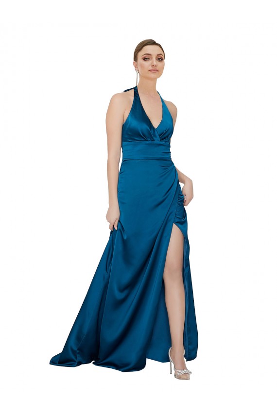 Vendedor de Cabeçada Cetim Sedoso Sem Mangas Abrir de volta Pavão Azul Vestidos de Madrinha / Vestidos de Noite / Vestidos de Festa
