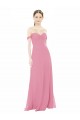 Vendedor de Fora do Ombro Chiffon Mangas Curtas Pele Rosa Vestidos de Madrinha