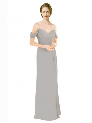 Vendedor de Fora do Ombro Chiffon & Renda Ombro Frio Abrir de volta Prata Vestidos de Madrinha