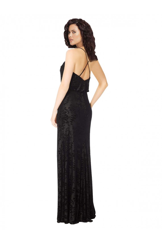 Vendedor de Alças finas Veludo Floral & Veludo Elástico Sem Mangas Criss Cruz Preto Vestidos de Madrinha