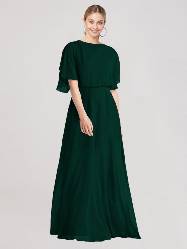 Vendedor de Decote redondo Chiffon Mangas Esvoaçantes Abrir de volta Sempre Verde Vestidos de Madrinha